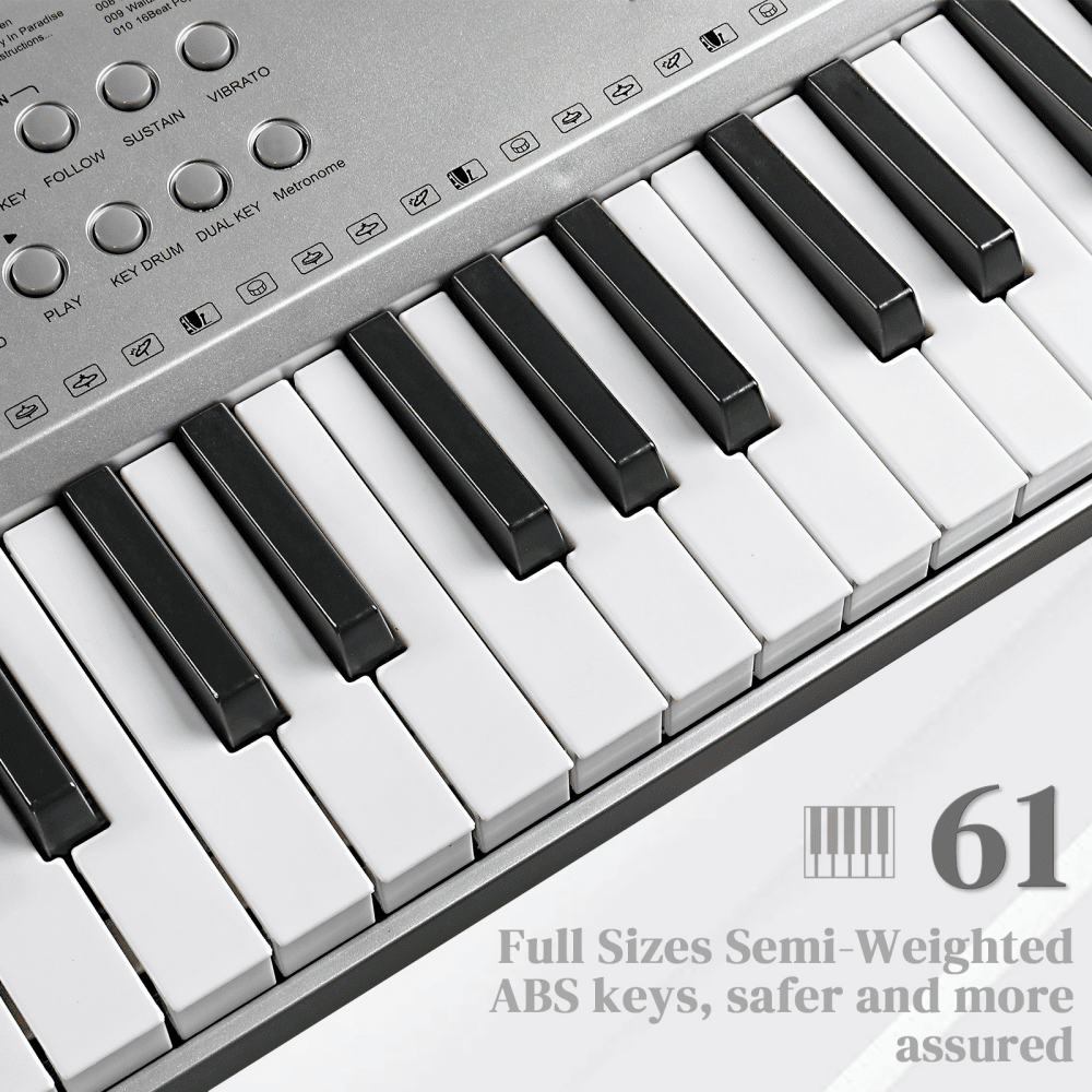 Tcbosik 61 Key Keyboard Piano with Stand, Bench, Music Rest and LED Screen, Built-In Speakers, Headphone, Microphone and 3 Teaching Modes for Beginners Starter, Silver