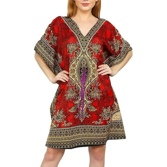 Short Kaftan Beach Cover ups Dresses for Women Ladies Dashiki Caftan Loungewear Free Size Red