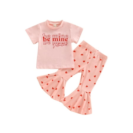 

Bagilaanoe 2Pcs Toddler Baby Girl Valentine s Day Outfits Letters Print Short Sleeve T Shirts Tops + Heart Print Ruffle Trousers 12M 18M 24M 3T 4T 5T Kids Long Pants Set