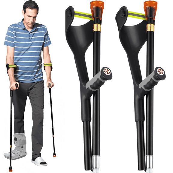 Yomfey Adjustable Forearm Crutches for Adults, Lightweight Aluminum Walking Crutches with 10 Height Settings, Ergonomic Handles, Reflective Strips, Supports up to 300 lbs