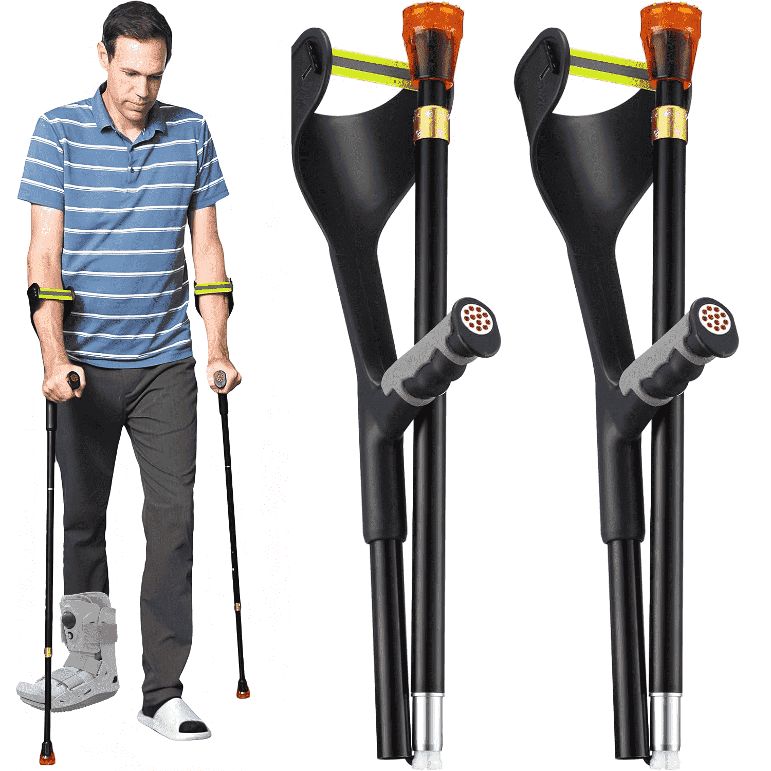 Yomfey Adjustable Forearm Crutches for Adults, Lightweight Aluminum Walking Crutches with 10 Height Settings, Ergonomic Handles, Reflective Strips, Supports up to 300 lbs