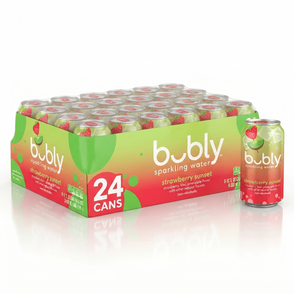 bubly Strawberry Sunset Sparkling Water, 12 fl oz Cans, 24 Pack