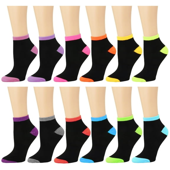 12 Pairs Two-Tone Assorted Colors Women's Ankle Socks Size 9-11
