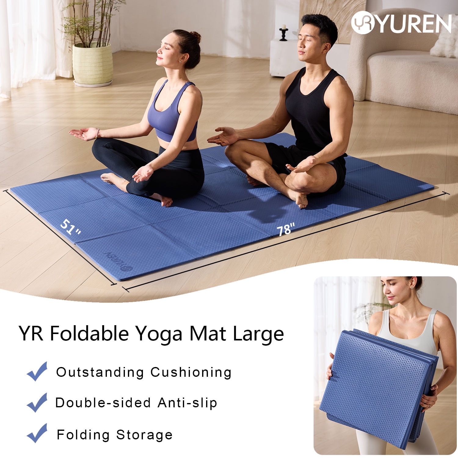 YR Foldable Yoga Mat Large 78X51" 10mm Thick Non-Slip TPE Folding Exercise Fitness Gymnastics Mat, Blue