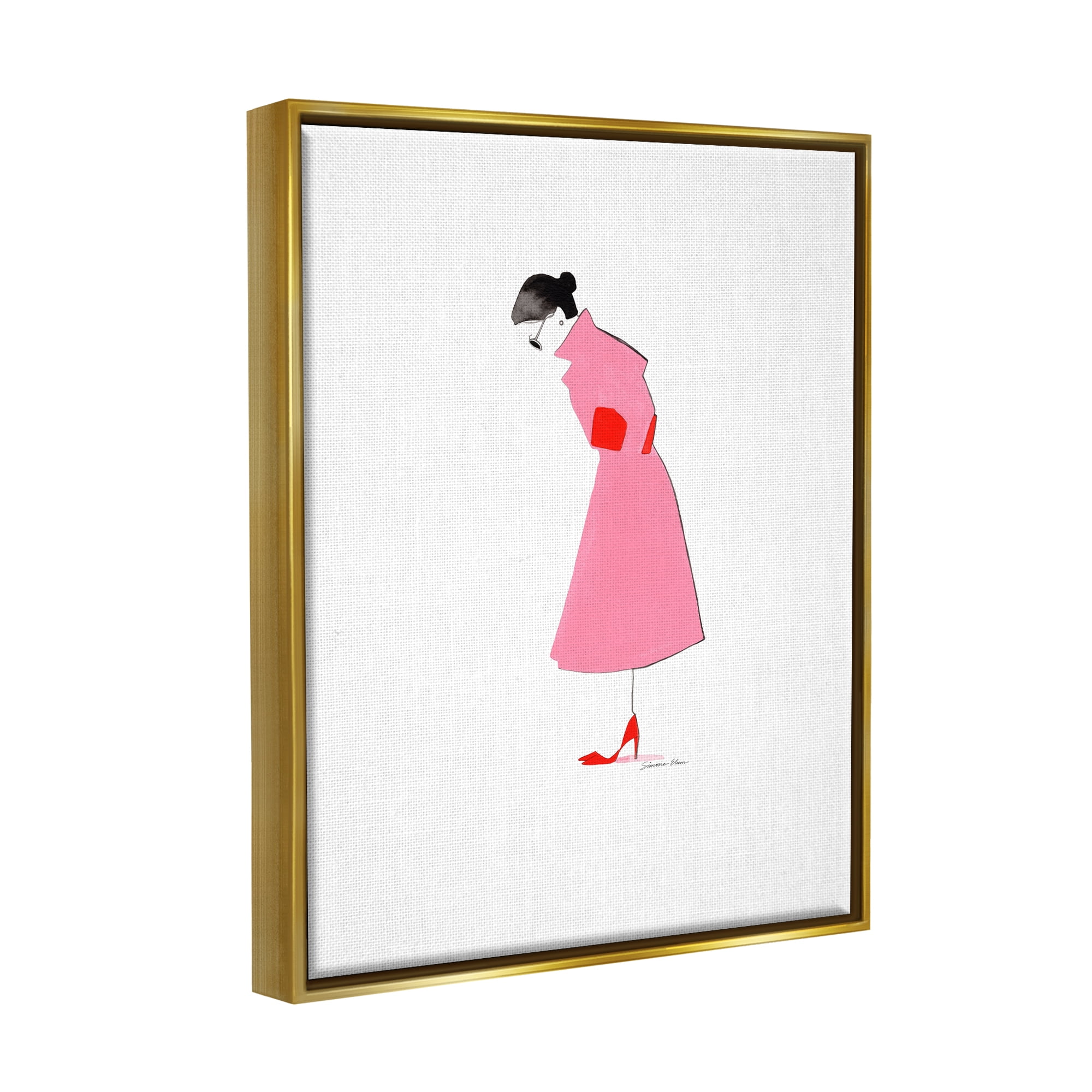 Stupell Industries Pink Contemporary Girl Beauty & Fashion Painting Gold Floater Framed Art Print Wall Art, 25 x 31