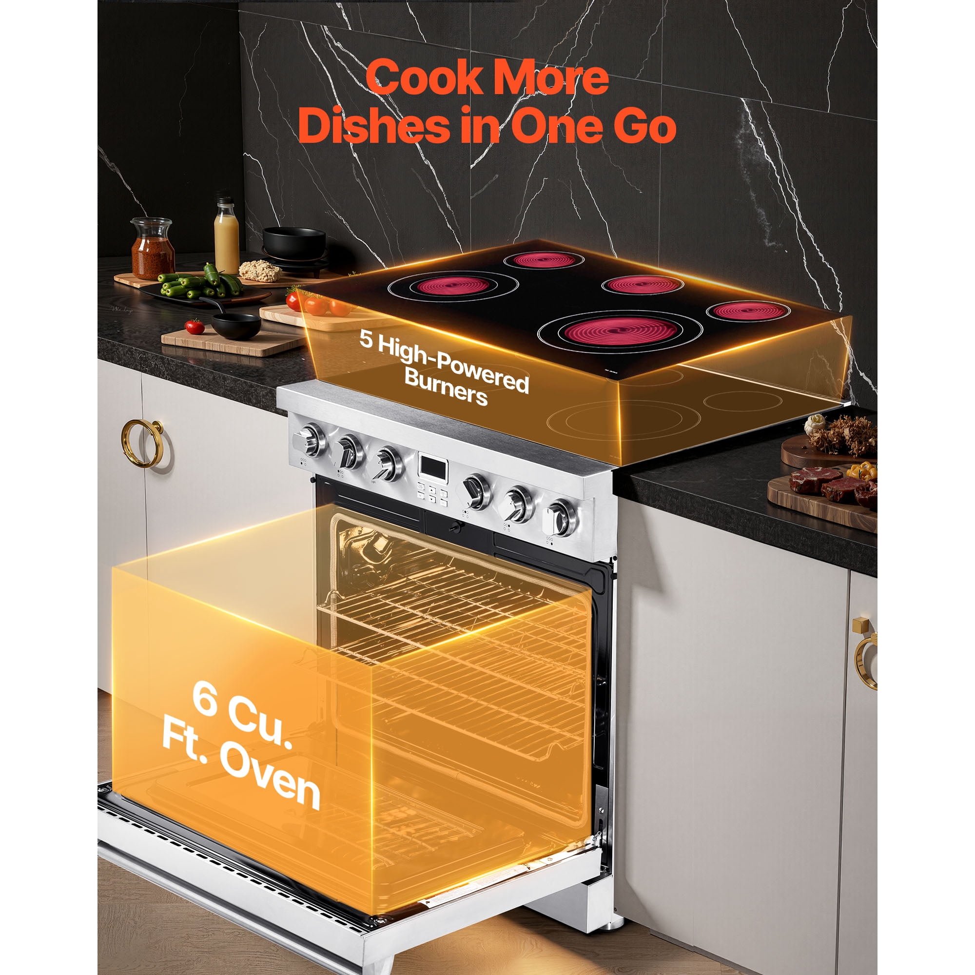 KFFKFF 36-inch Electric Range Oven, 6.0 Cu. Ft. Freestanding Stainless Steel Stove, Features 5 Burners, Digital Controls, Adjustable Racks, Ideal for Apartments and RVs (No power cord)