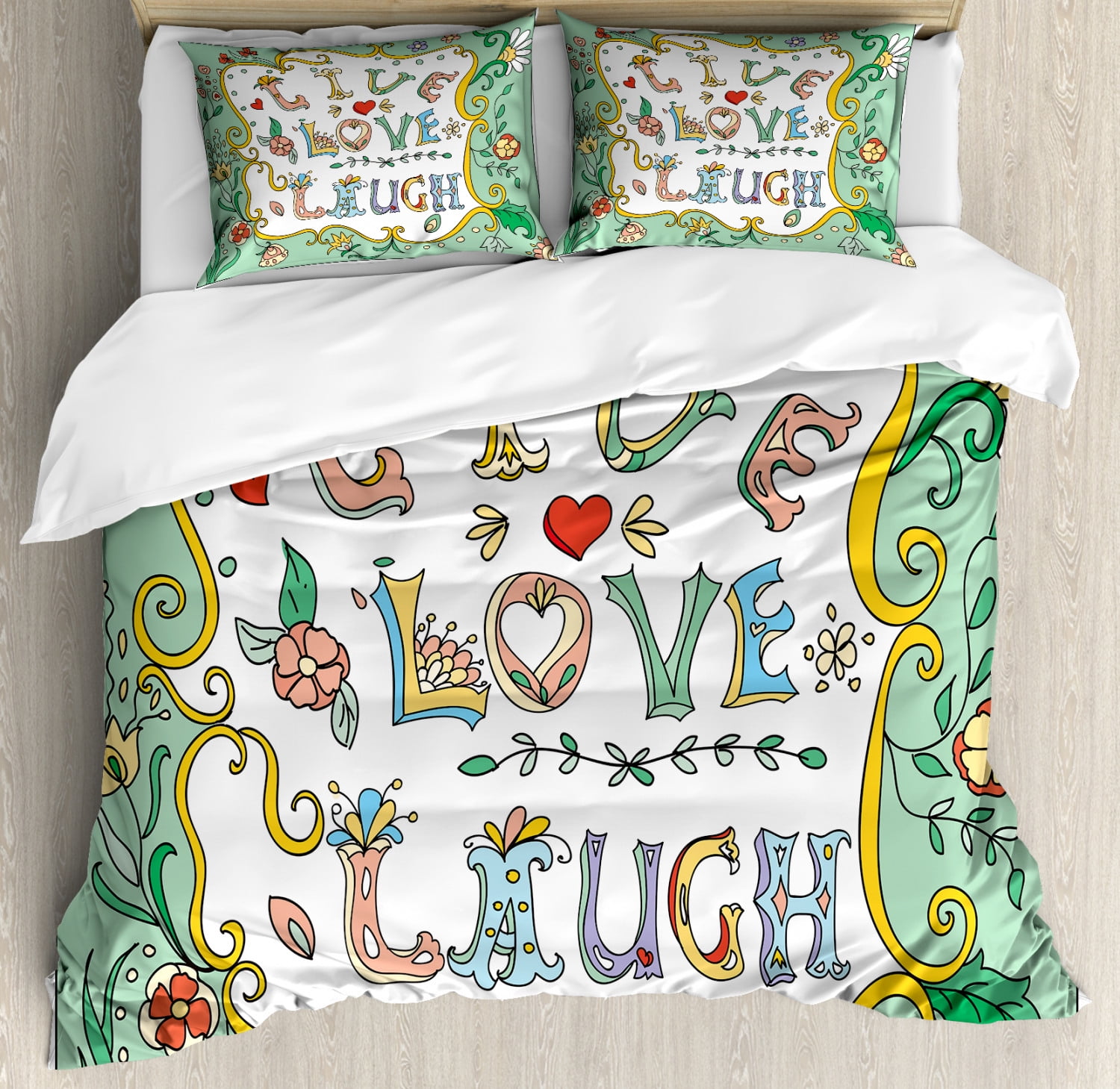 Live Laugh Love Duvet Cover Set King Size, Ornate Doodle Wreath