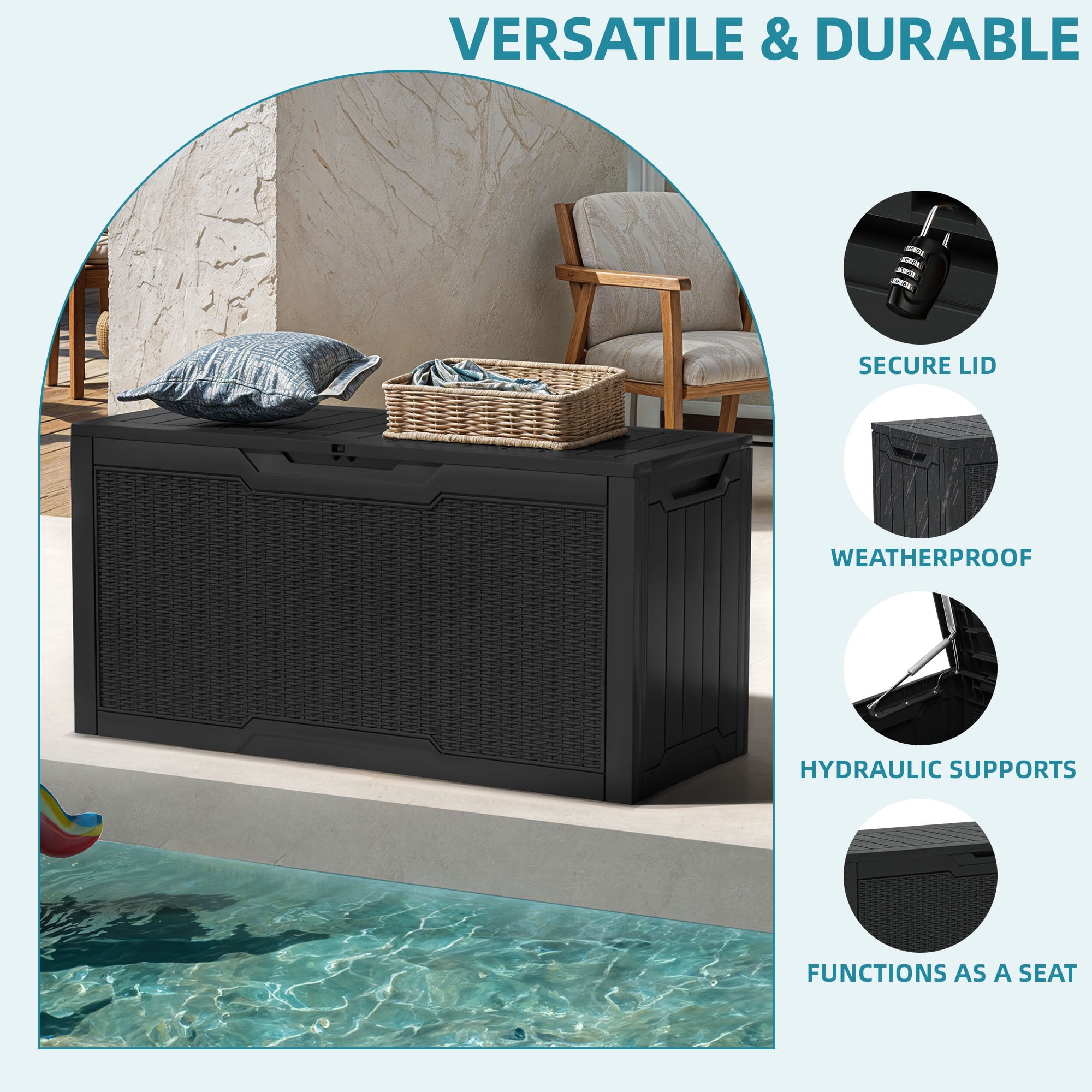 Uforic 80 Gallon Resin Deck Box,Outdoor Storage Box with Lockable lid for Patio Furniture, Waterproof,Black