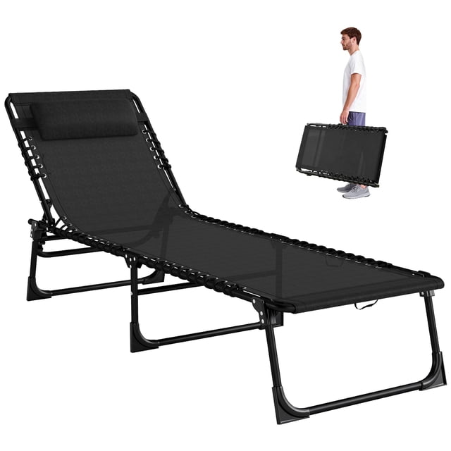 Black Outdoor Folding Lounge Chair - Adjustable Chaise for Patio, Beach & Camping - Steel Frame, Breathable Mesh, 74" L