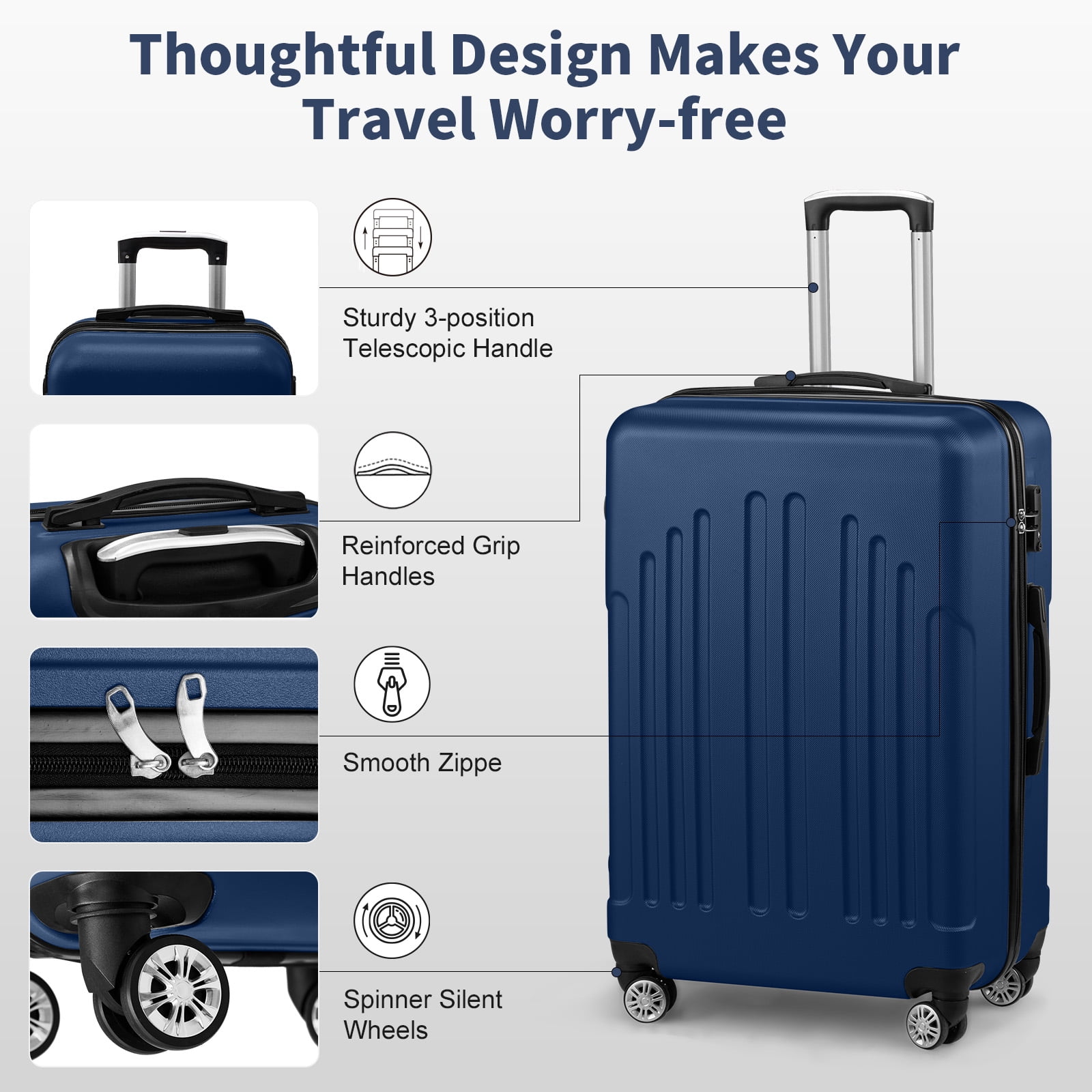 Zimtown 3 Piece Hardshell Luggage Set, ABS+PC Nested Spinner Suitcase Luggage Set With TSA Lock, Navy Blue