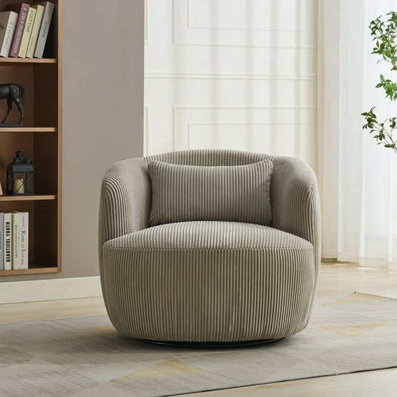 Nmkwnr 360 Degree Swivel Corduroy Accent Chair with Pillow, 34.25" Wide Upholstered Armchair for Club, Living Room, Bedroom, Office, Lounge, Light Gray