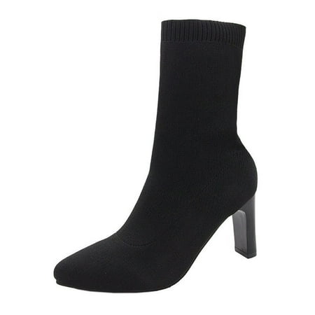 

Woobling Ladies Stretch Elastic Socks Boots Chunky Heel Formal High Heeled Dress Shoes Black 7