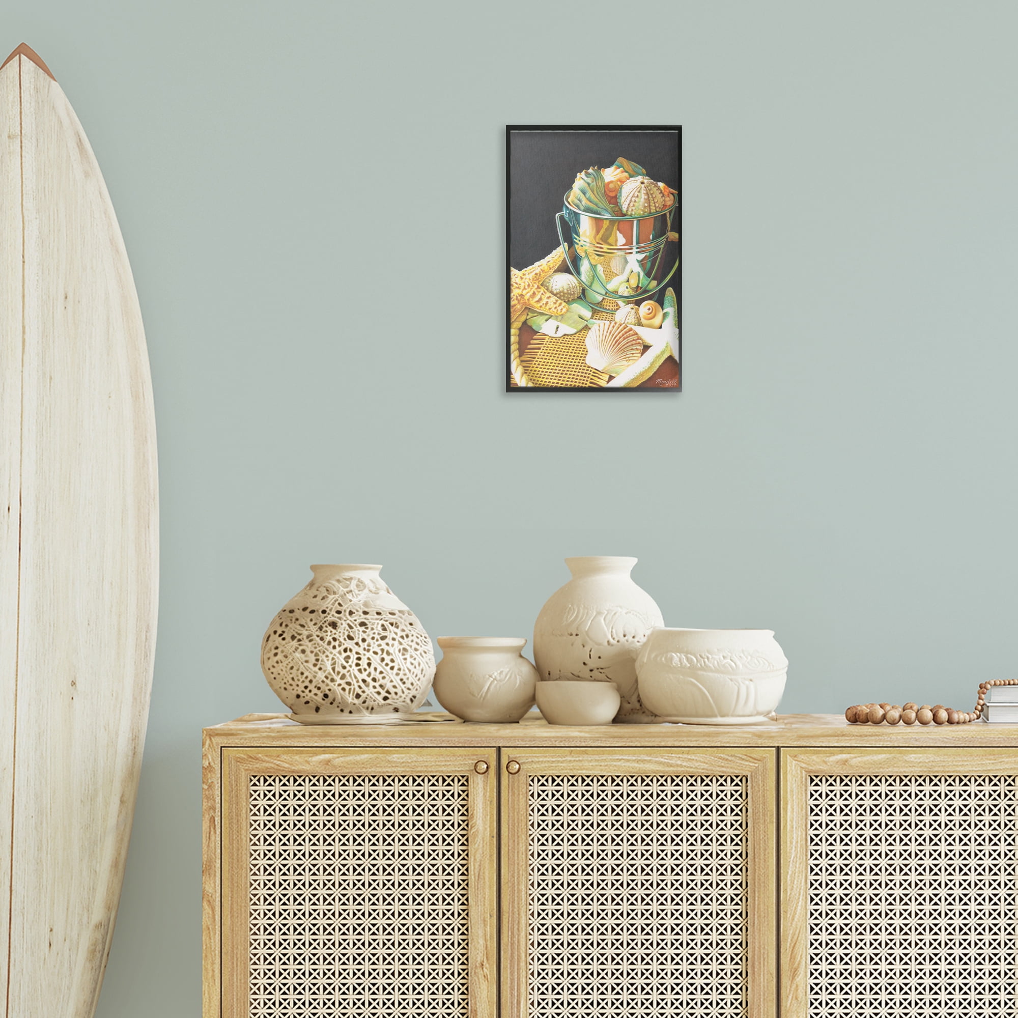 Stupell Industries Bucket Of Seashells Coastal Painting Black Framed Art Print Wall Art, 12 x 18
