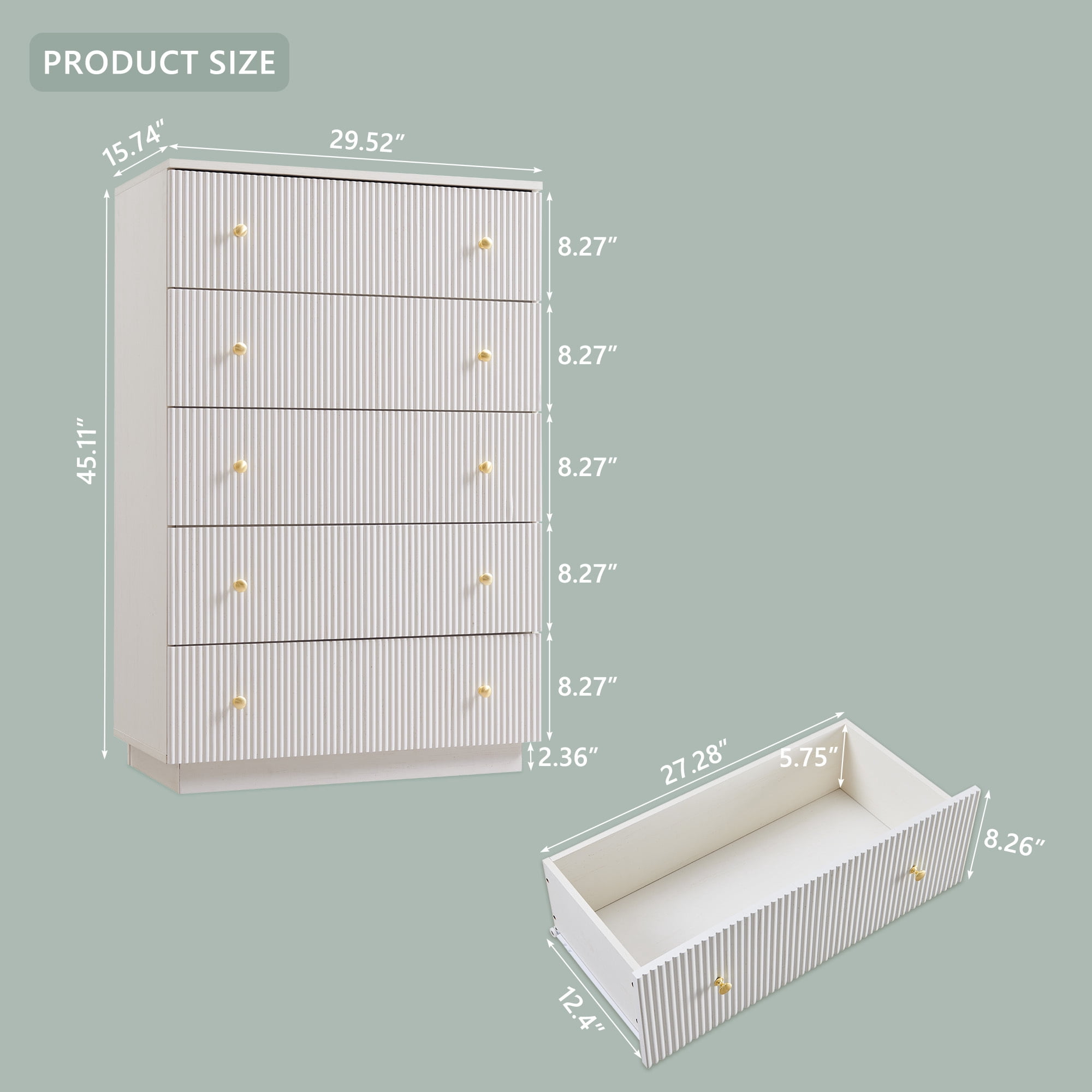wow97e Fluted 5 Drawers Dresser, Wood Tall Chest of Drawers with Deep Storage, Modern Bedroom Chest for Closet Hallway, Entryway, Living Room