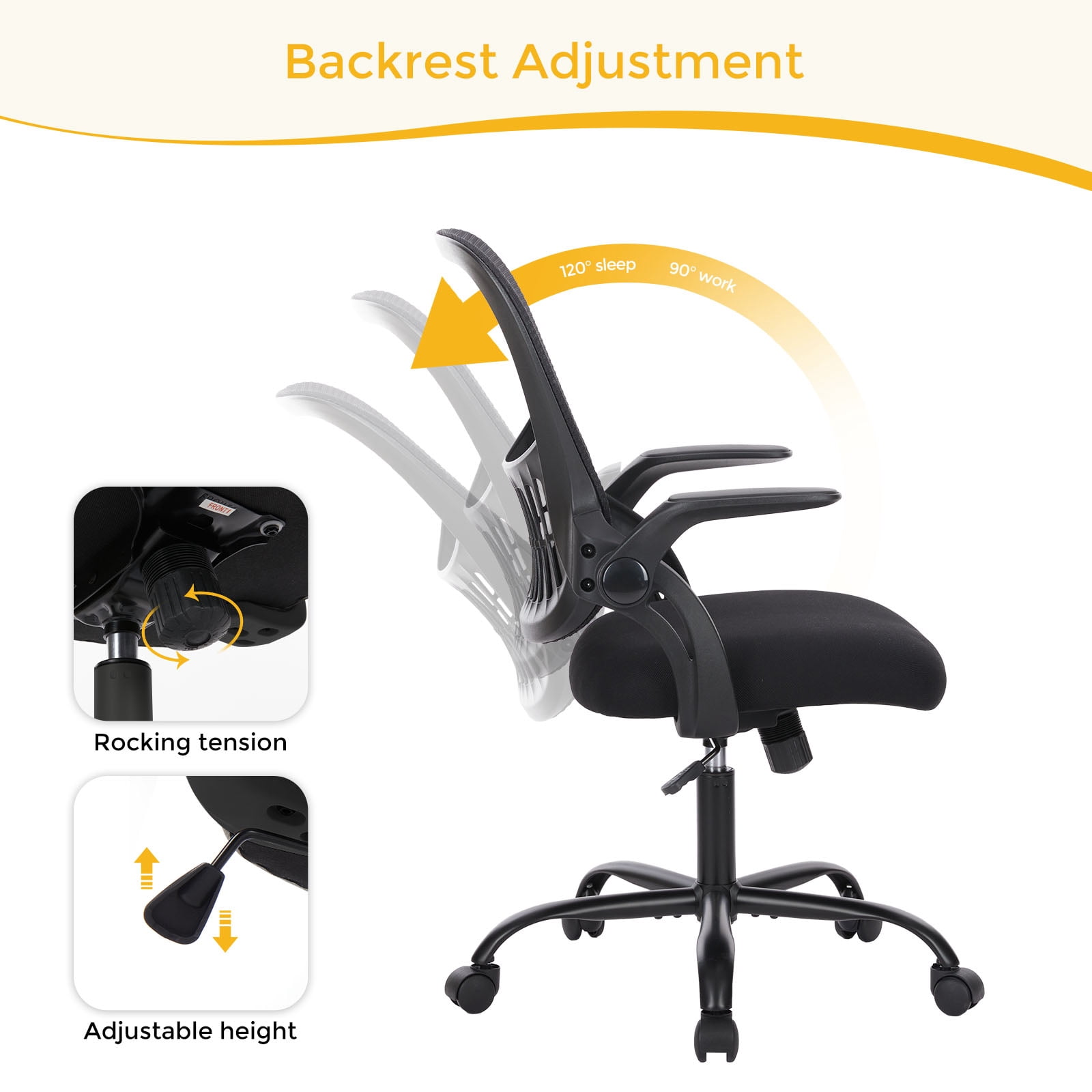 Ergonomic Office Chair, Mesh Computer Chair Home Office Desk Chairs with Flip-Up Arms, Height Adjustable, Rolling Swivel Chair with Lumbar Support , Tilt and Lock, Black