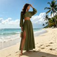 thumbnail image 6 of Womens Matching Sets Summer 2 Piece Beach Vacation Outfits Long Sleeve Crop Top High Slit Maxi Skirt Set Resort Wear, 6 of 6