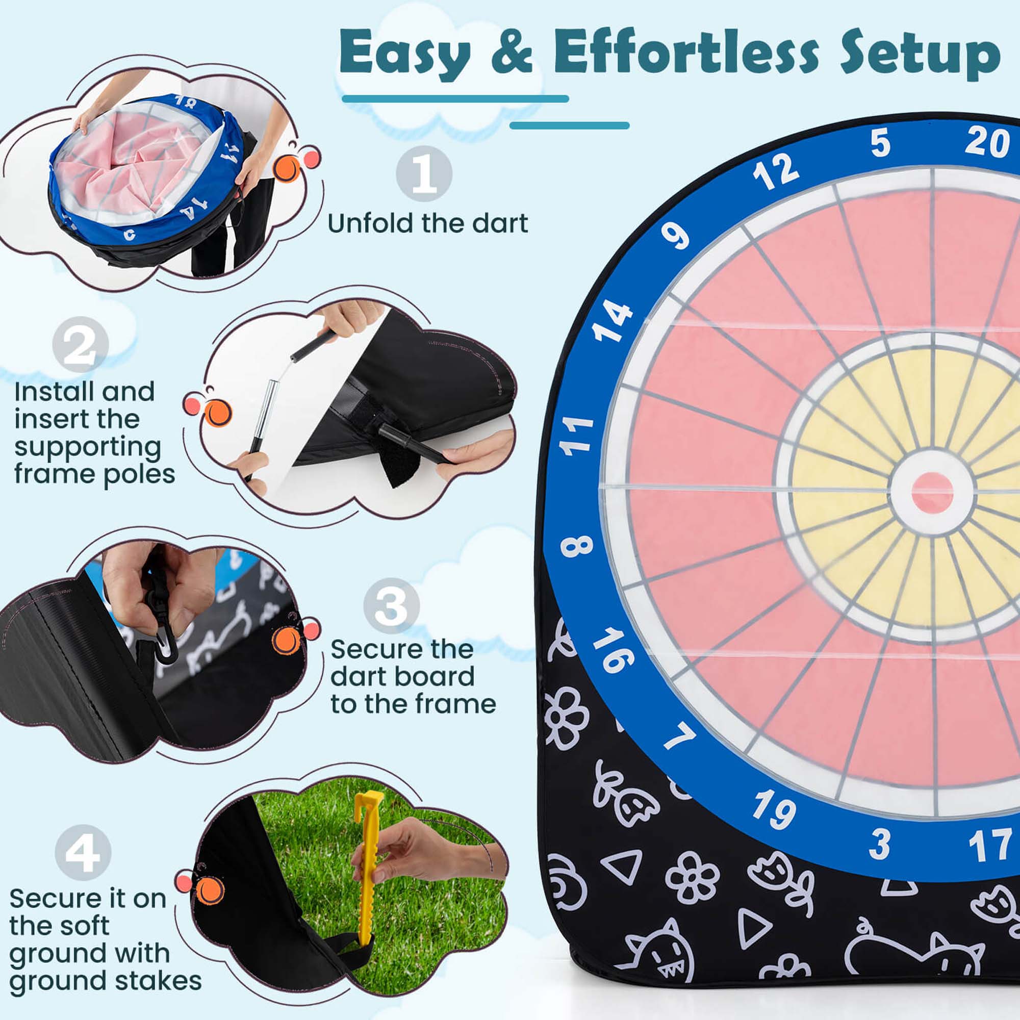 Costway Large Dart Board for Kids with 4 Kick Balls, Carrying Bag Giant Outdoor Kick Black