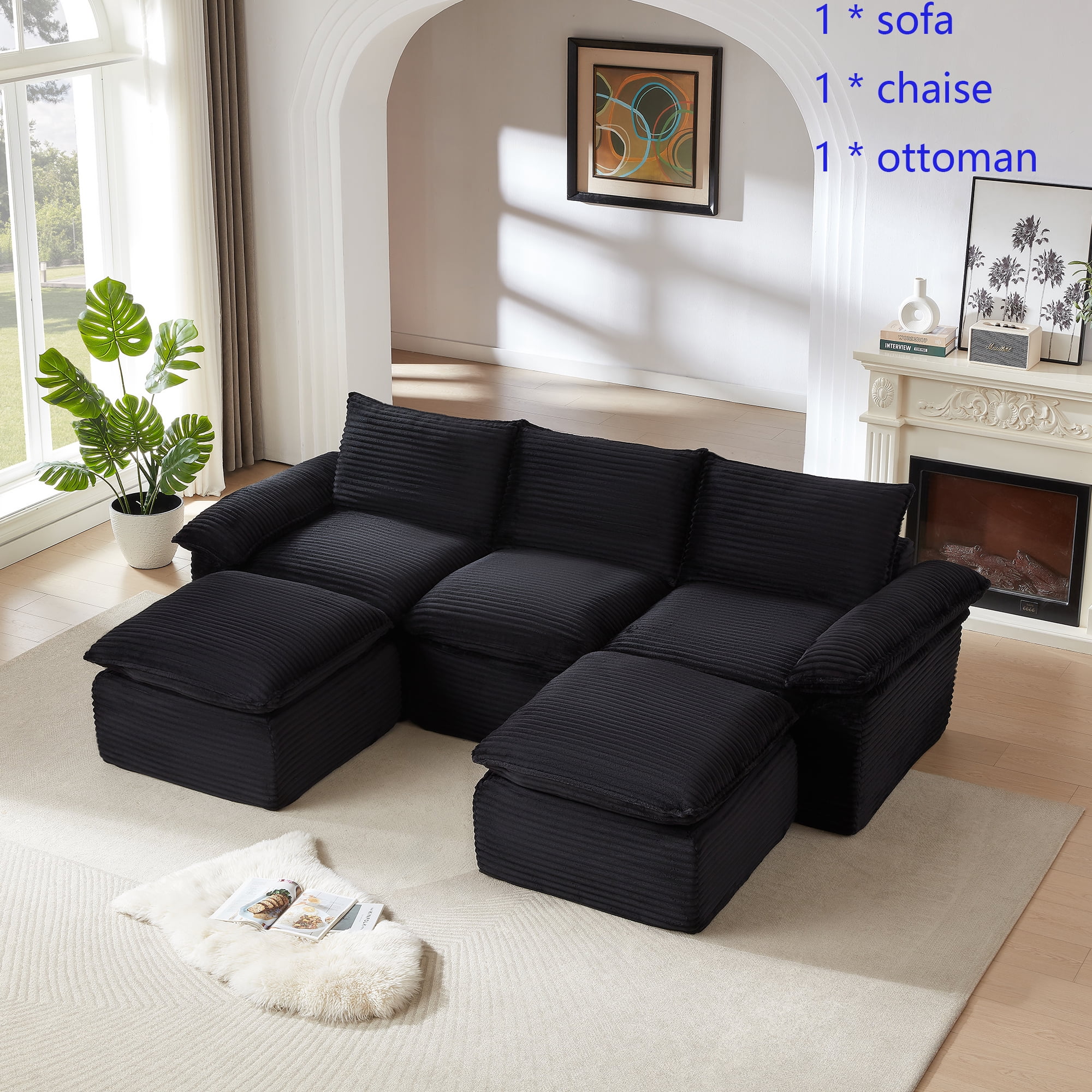 Miniyam 30.7" * 70"* 35.43" Corduroy Chaise for Sectional Sofa, Can be Freely Combined, Black