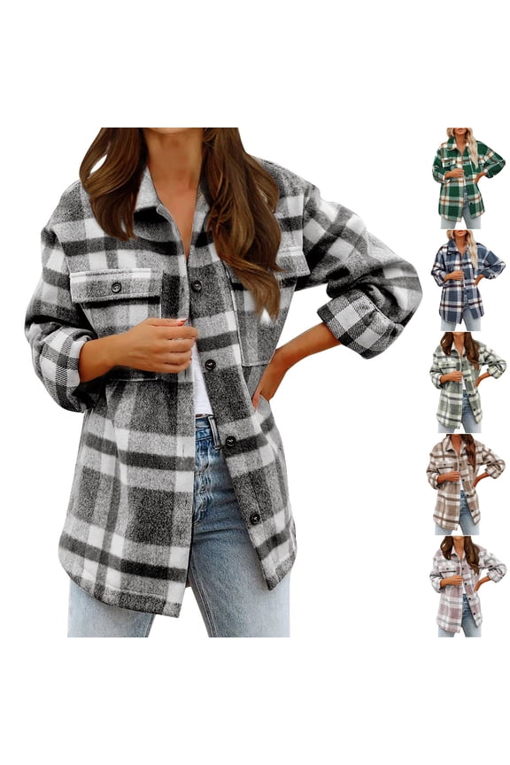 Women's Fall Flannel Jackets Roll Up Long Sleeve Plaid Shacket Business Casual Button Down Shirt Jackets Trendy Coats for Womens with Pocket Sales Today,Navy,M