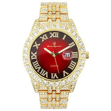 Charles Raymond Big Rocks w/Roman Numerals Fully Iced Out Mens Watch w/Easy Read Date and Colorful Dials- Designer Hip Hop Blinged Out Timepiece - ST10226RND Gold RED