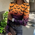 thumbnail image 3 of JGNGSHN Women's Long Sleeve Halloween Shirts Casual Crew Neck Stretchy Fitted Ribbed Knit Trendy Pumpkins Printed T-Shirt, 3 of 5