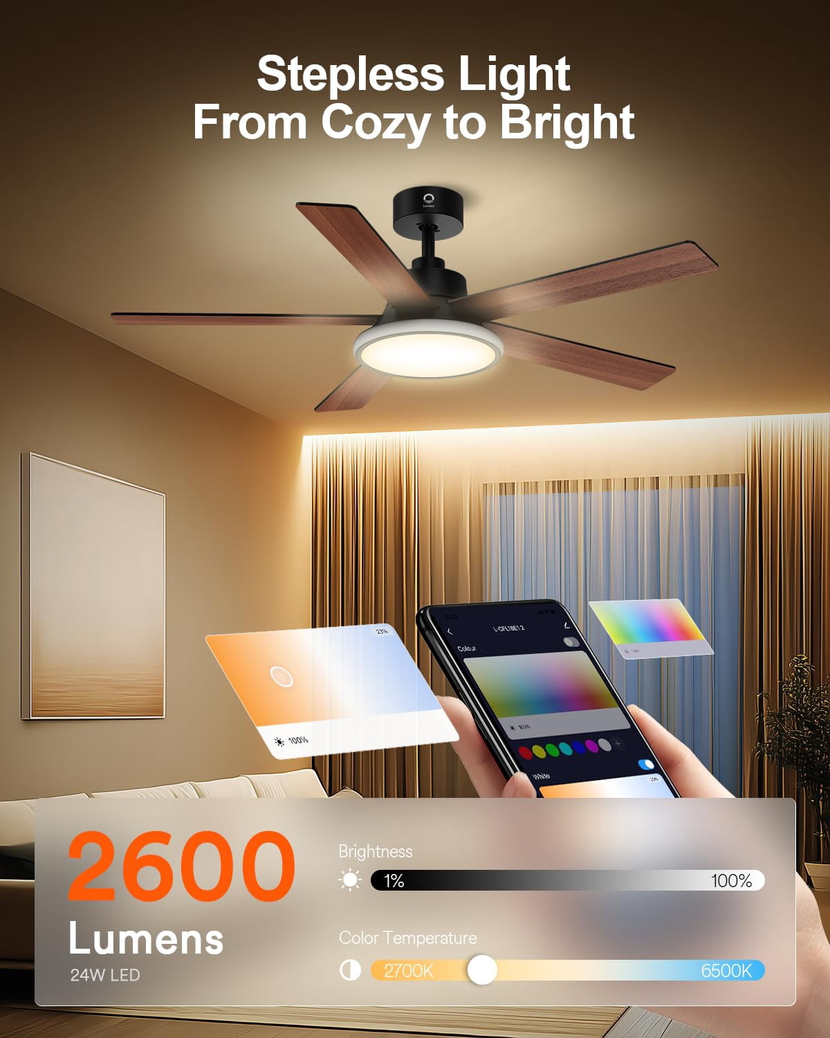 Lumary 52 Inch Smart Ceiling Fan with RGBAI Lights Remote Low Profile Ceiling Fan App Voice Control Dimmable & Color Tuning Modern Flush Mount
