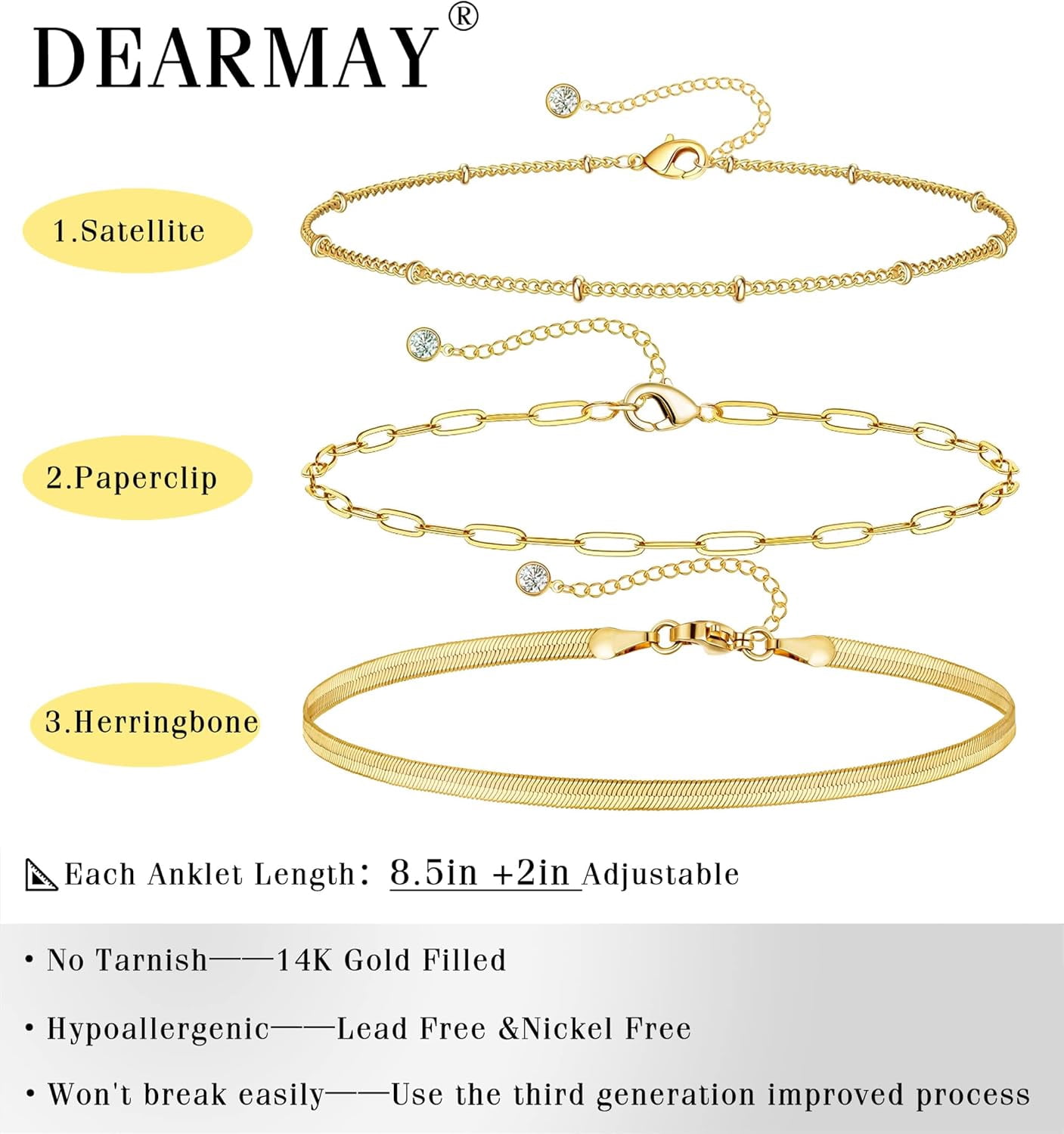 Gold Ankle Bracelets for Women Waterproof - Dainty 6Pcs 14K Gold Plated Anklets Layered Cuban Link Chain Herringbone Cute Anklets Set Pack Summer Beach Jewelry Gift for Women Teen