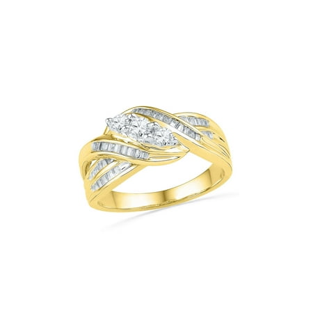 - 10kt Yellow Gold Womens Round Baguette Diamond 3-Stone Crossover Band Ring 1/2 Cttw