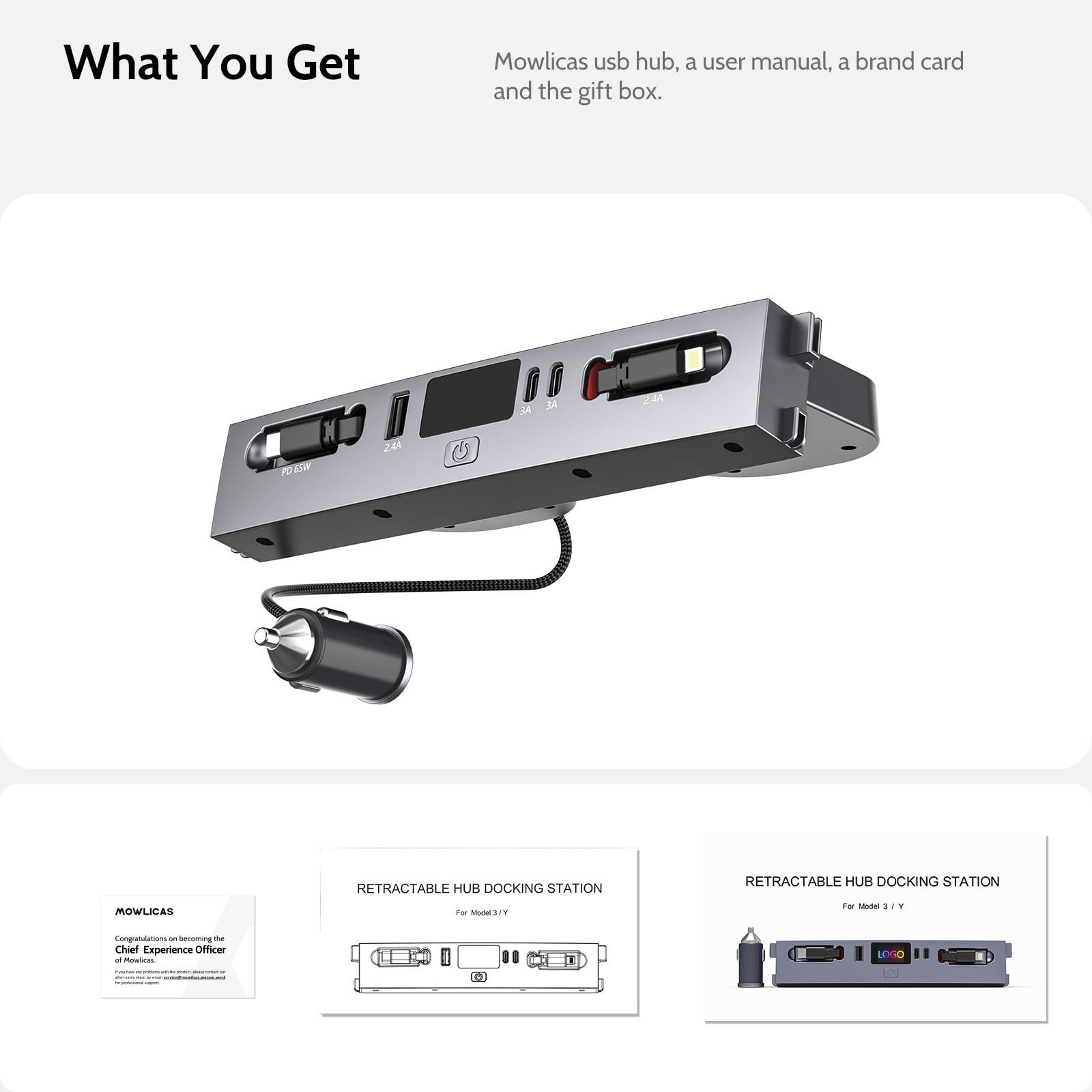 Mowlicas 125W Max Retractable USB Hub, Tesla New Model Y Juniper (2026/2025) Accessories, Super Fast Charger Up 65W for MacBook Pro/Air/iPhone 16/15/Samsung Series, 5 in 1 Docking Station