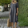 thumbnail image 2 of Women's Cotton Linen Crew Neck Midi Dress Short Sleeve Loose Casual Long Dress with Drawstring Waist Side Pockets Gray XXL(XXL), 2 of 6