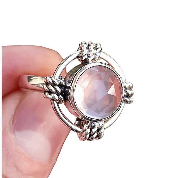 Navya Craft Rose Quartz Checker Round 925 Sterling Silver Handmade Women Statement Ring Size 4.5