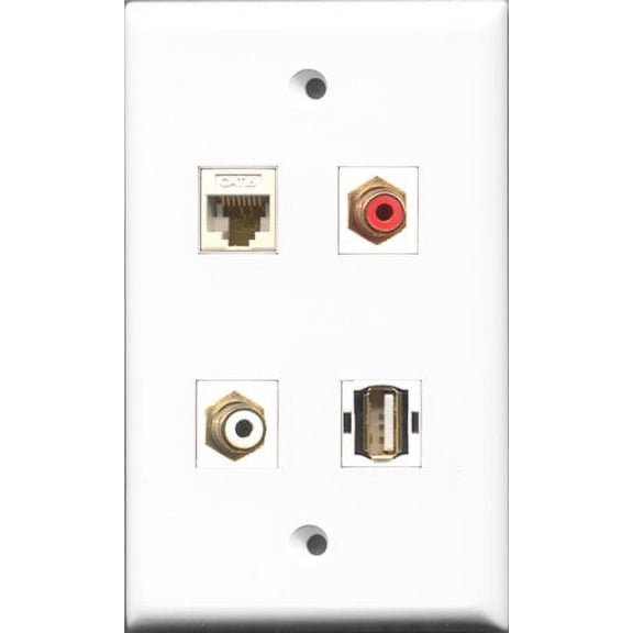 RiteAV 1 Port RCA Red and 1 Port RCA White and 1 Port USB A-A and 1 Port Cat6 Ethernet White Wall Plate