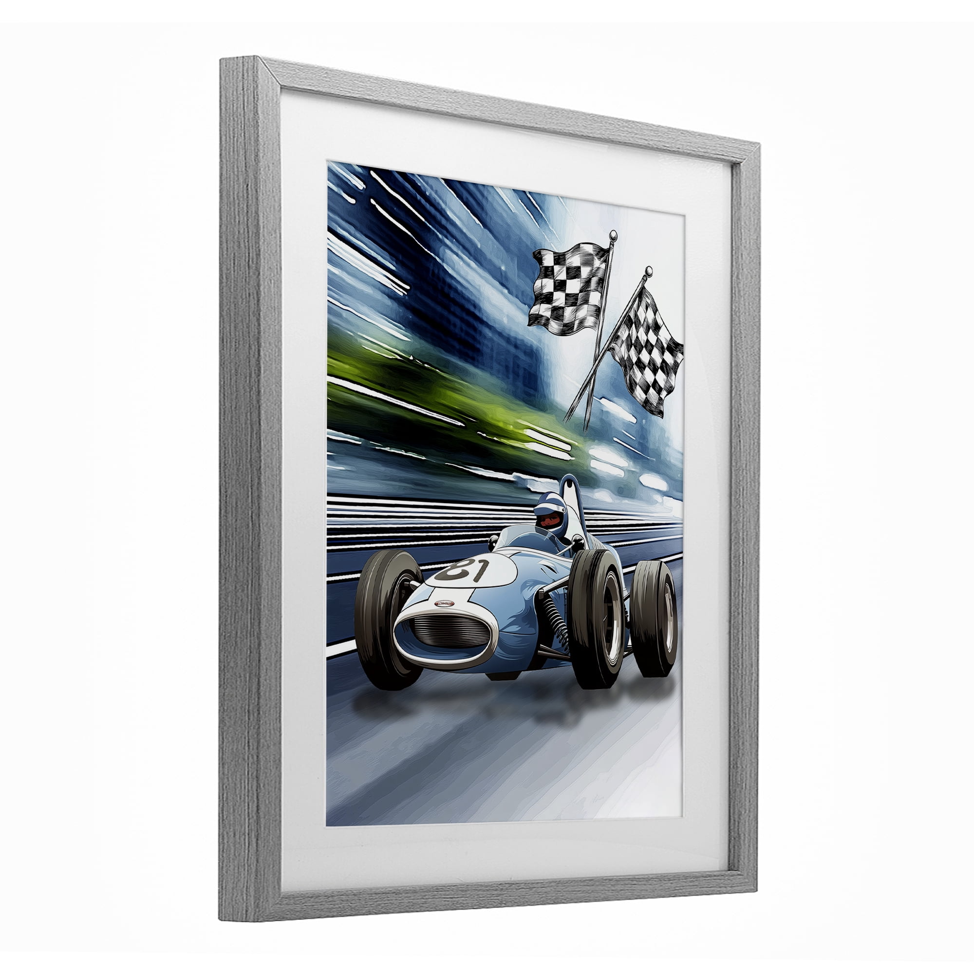 Stupell Industries Speedy Racecar with Flags Gray Framed Print Under Glass, design by Christine Simpson Art