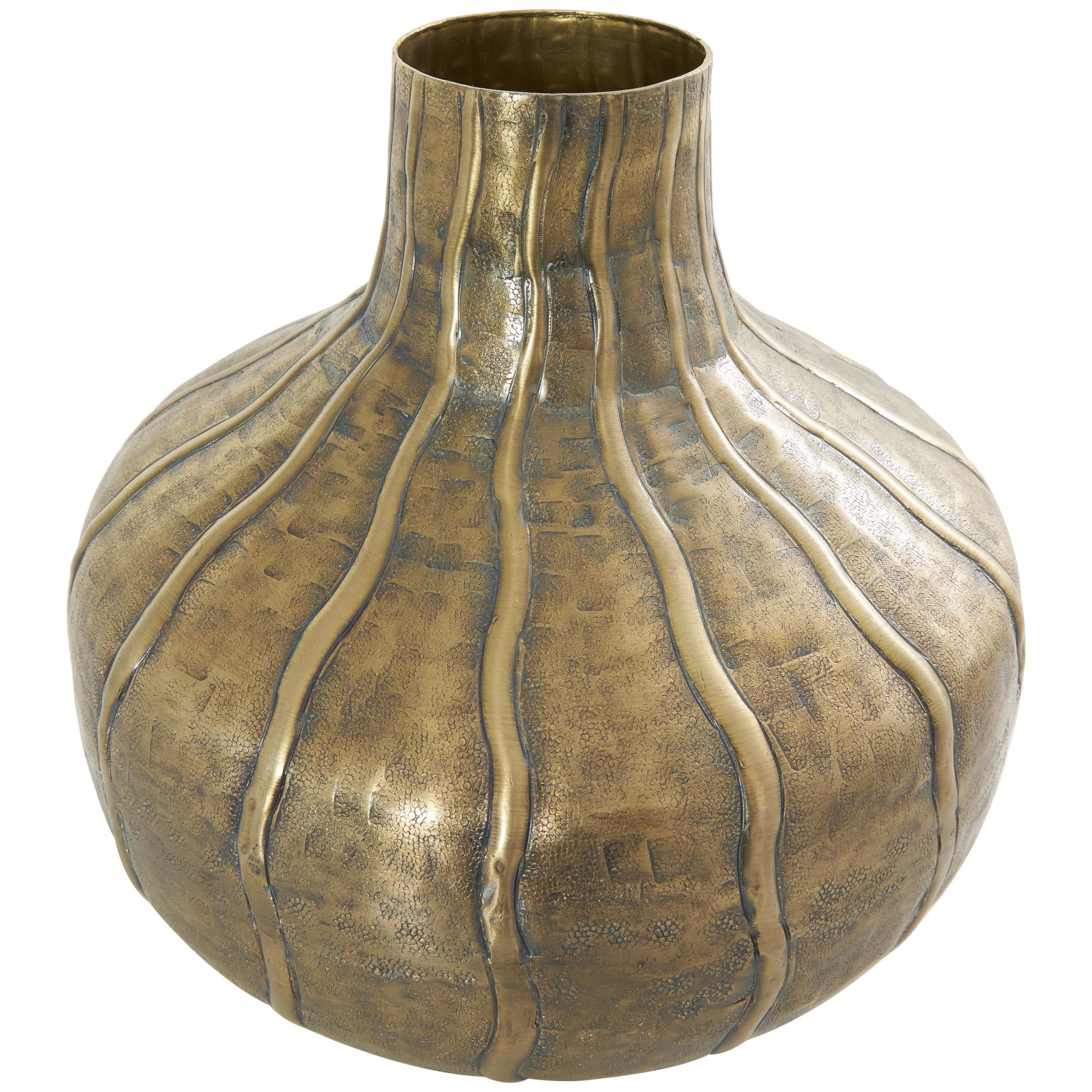 DecMode 13" Wide Snakeskin Inspired Brass Metal Vase with Dimensional Wavy Accents