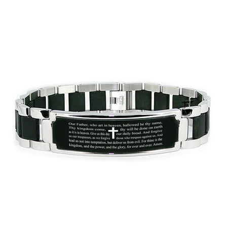 Tioneer - Stainless Steel 8.50 inch Our Father The Lord&amp;#39;s Prayer Engraved Black ID Bracelet