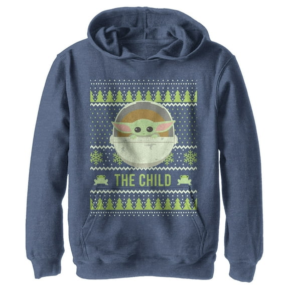 Boy's Star Wars The Mandalorian The Child Ugly Christmas Frog Pull Over Hoodie Navy Blue Heather Medium