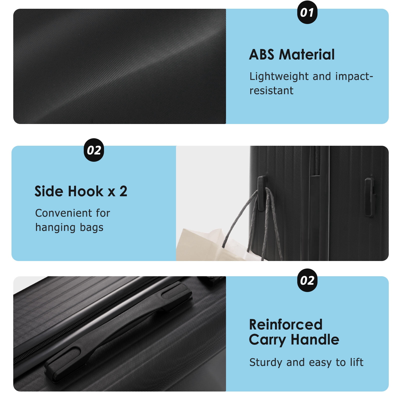 Euroco Luggage Set 3 Piece, ABS Hardside Suitcase with Spinner Wheels,TSA Lock and 2 Side Hooks,Lightweight Durable Travel Suitcase Set(20"/24"/28"),Black