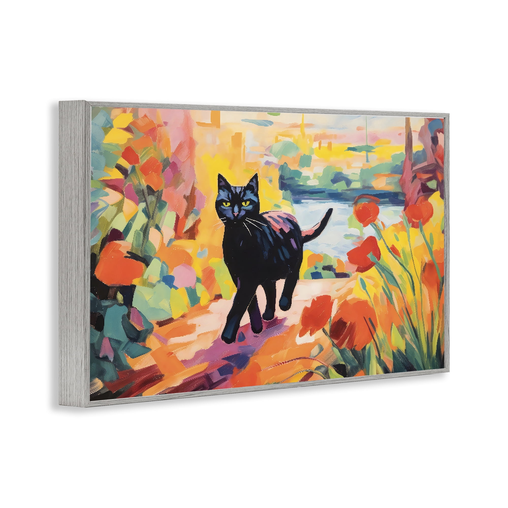 Stupell Industries Sunlit Black Cat in Garden Gray Framed Giclee Art, design by Creative Studio