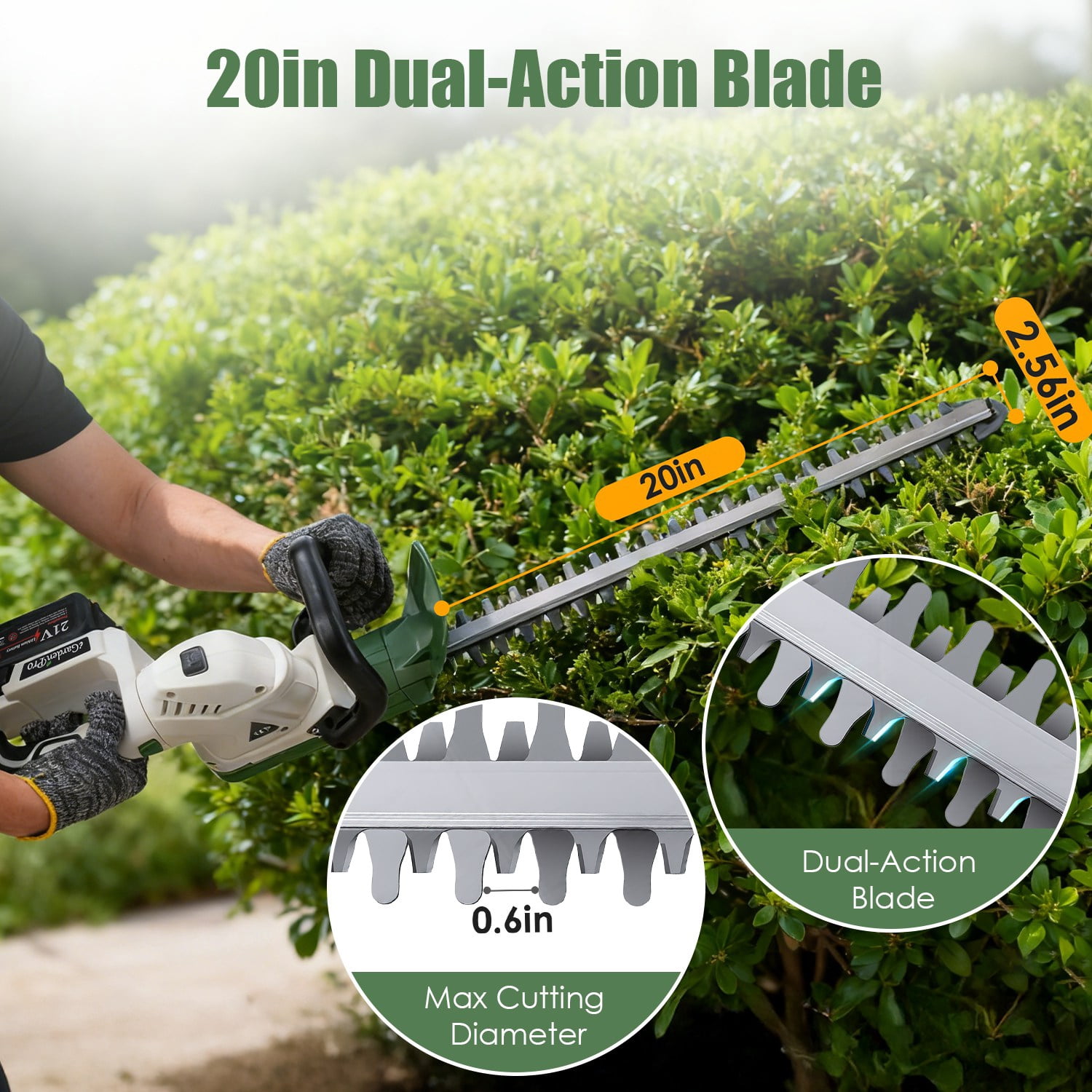Teqhome 20in Electric Hedge Trimmer Cordless Handheld Hedge Trimmer 21V Bush Trimmer with Dual-Action Blades 0.6in Cutting Diameter Safety Lock Adjustable Handle
