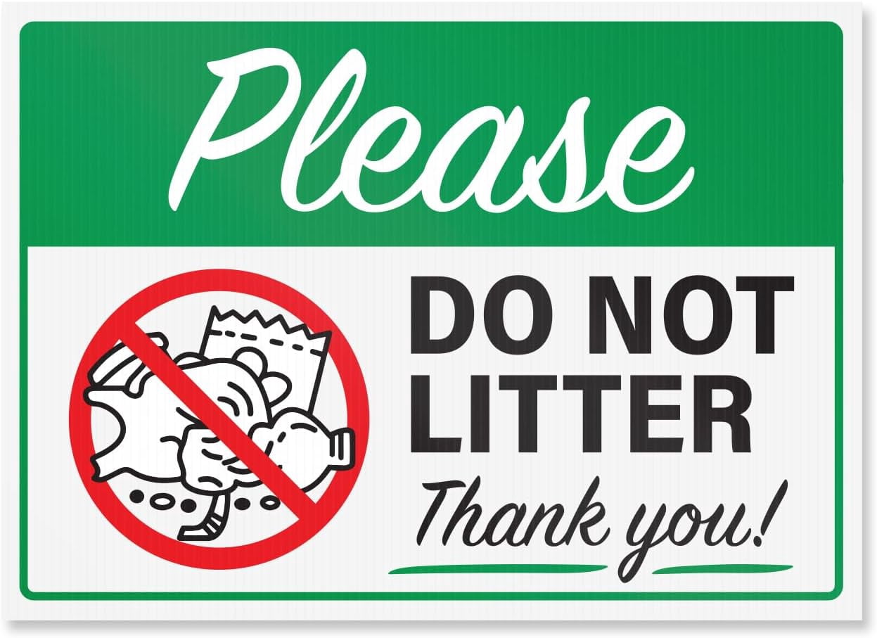Please Do Not Litter Yard Signs with H-Frame Stakes, 14" x 10" Corrugated Plastic Do Not Litter Signs (Pack of 2)