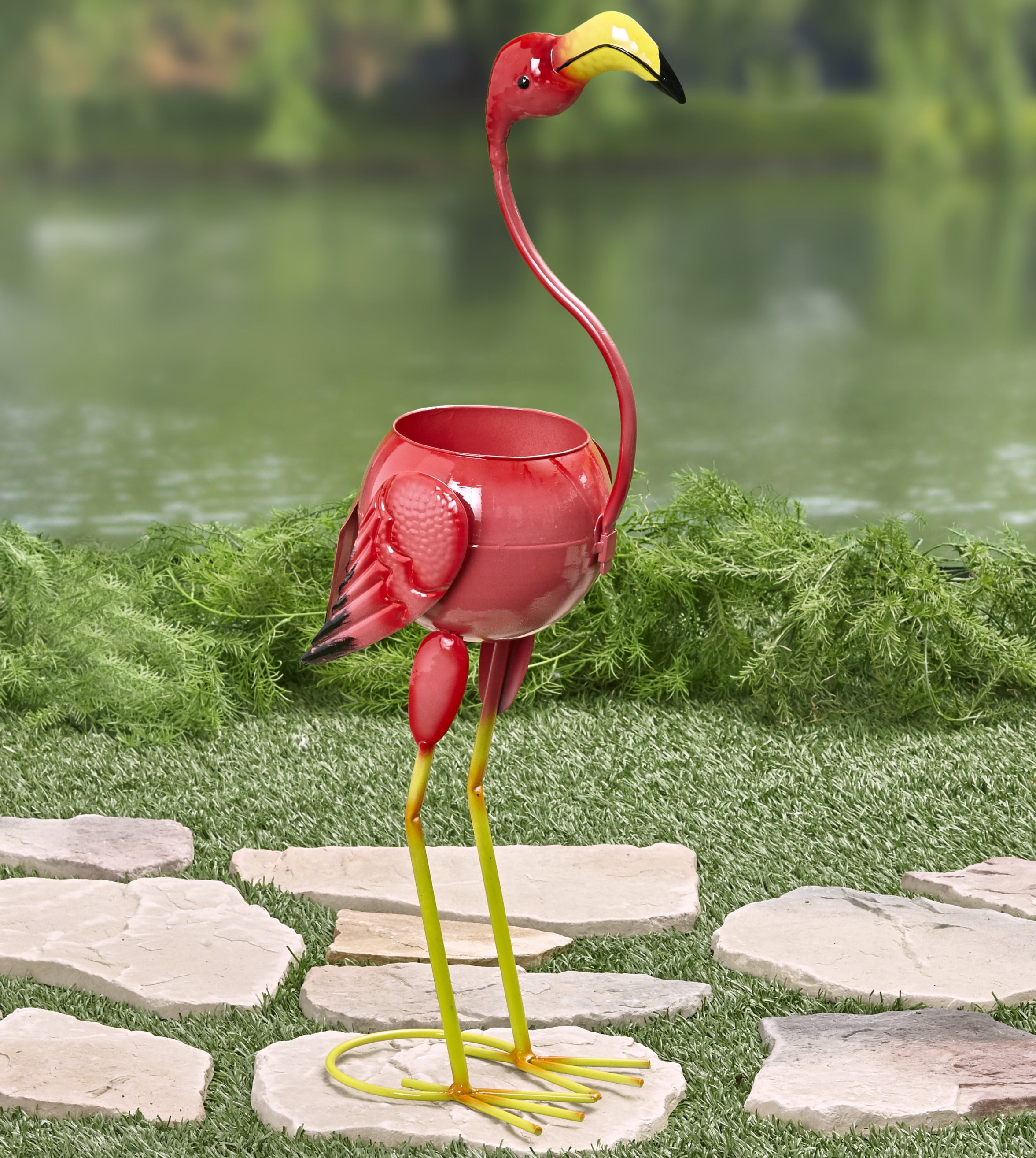 Colorful Metal Bird Planter with Wings on Springs Flamingo Colorful Metal Bird Planter with Wings on Springs Flamingo