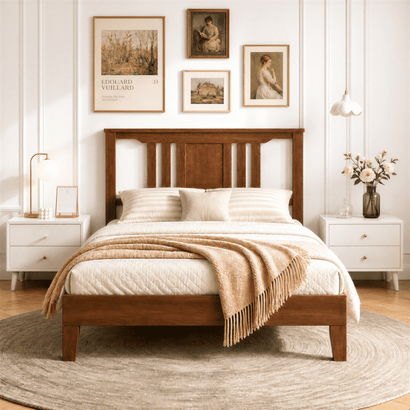 Roomisland Twin Size Platform Bed Frame with Headboard, 12 Inch Heavy Duty Wooden Bed Frame, No Box Spring Needed, Under Bed Storage, Easy Assembly, Walnut