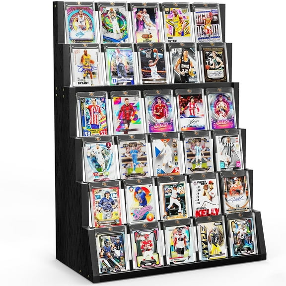 Trading Card Display Stand, 6 Tier Wood Vertical Holder for Baseball Basketball Sports Graded Card Display Stand Tabletop  for Trading Card Collection, Black
