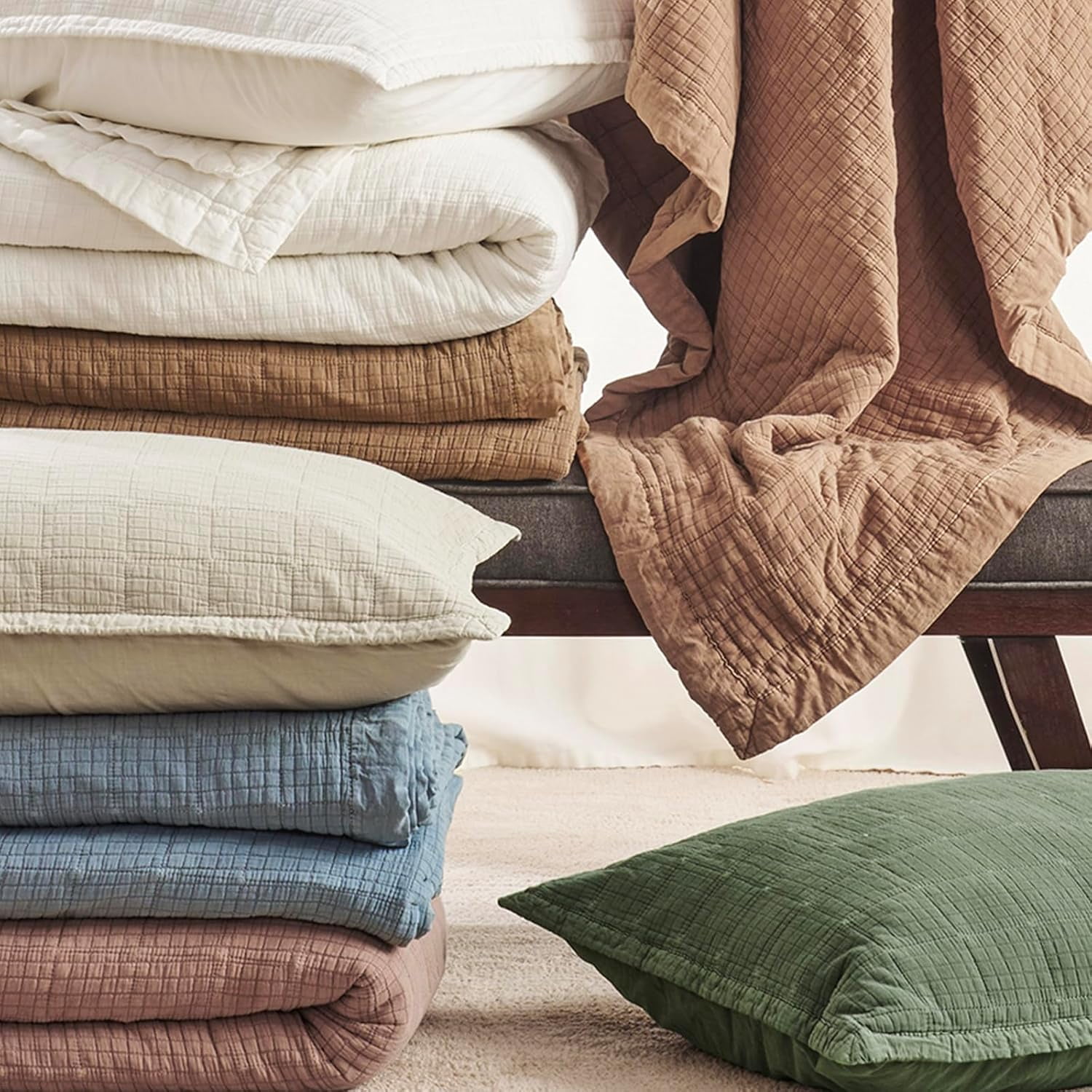 EVERGRACE Stonewashed Cotton Quilt Set King Size, Ultra Soft Oversized Bedspread Coverlet Set, Lightweight Crinkle Box Stitch Bedding Sets for All Season, with 2 Shams, Blushed Terracotta