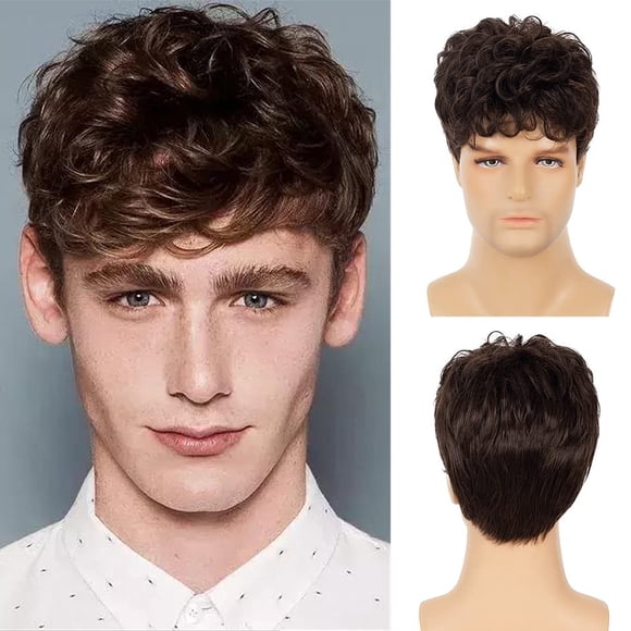 Men Brown Short Wigs Curly Fluffy Natural Synthetic Hair with Bangs Daily Full Wig for Male Guy Brown Colour