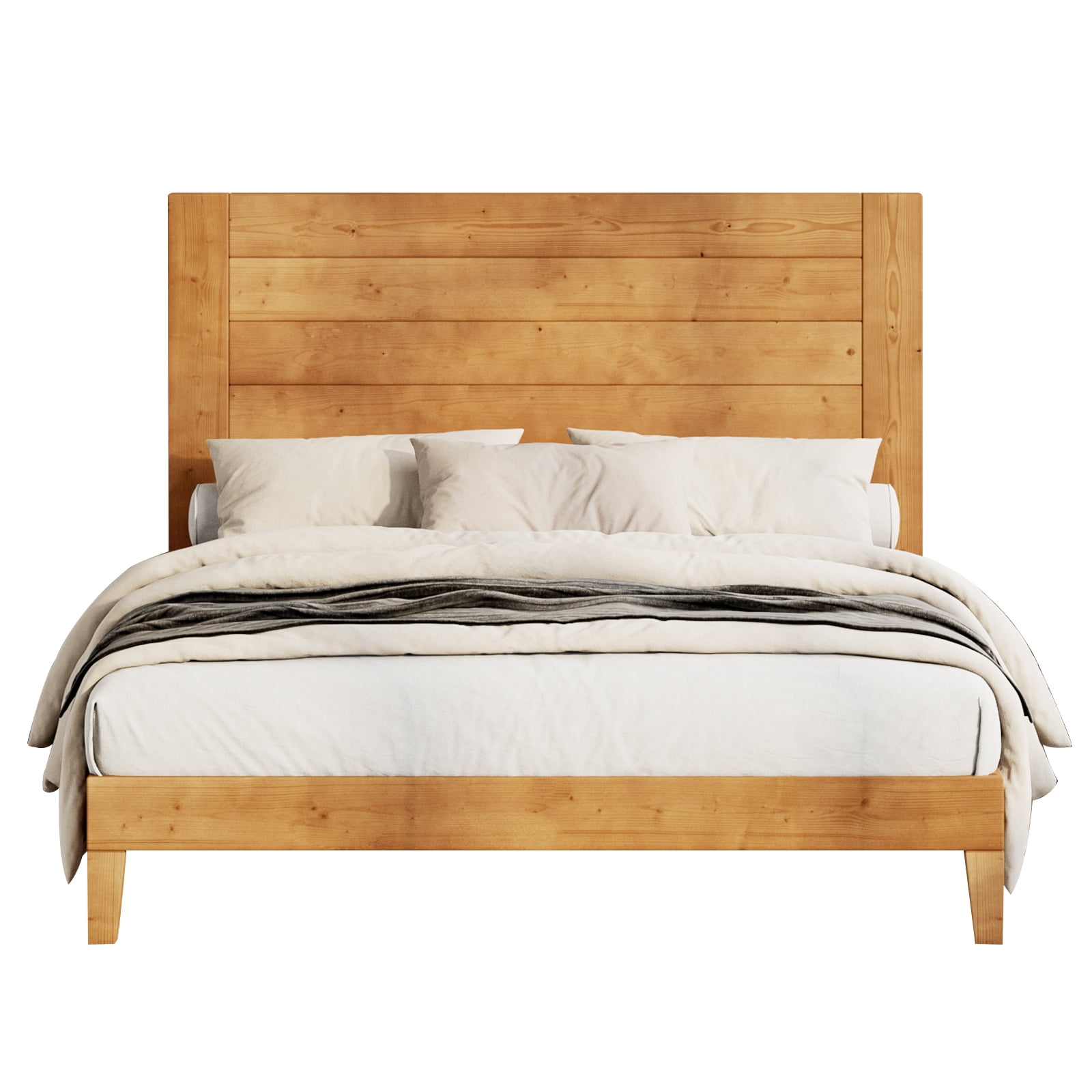 VanAcc Queen Size Solid Wood Bed Frame with 48.6" Headboard, Mid-Century Platform Bed Frame, Light Brown