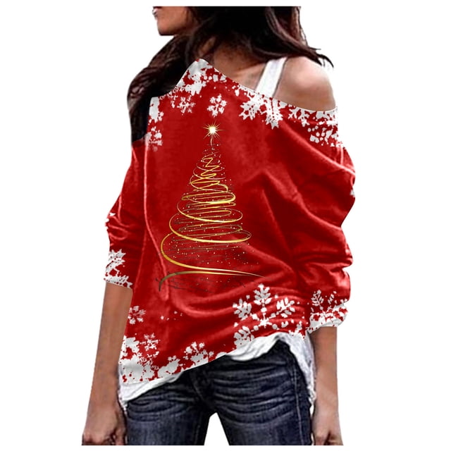 Christmas Tree Print Off The Shoulder Sweatershirt For Womens Causal Blouse Long Sleeve Loose Slouchy Pullover Plus Size Tops