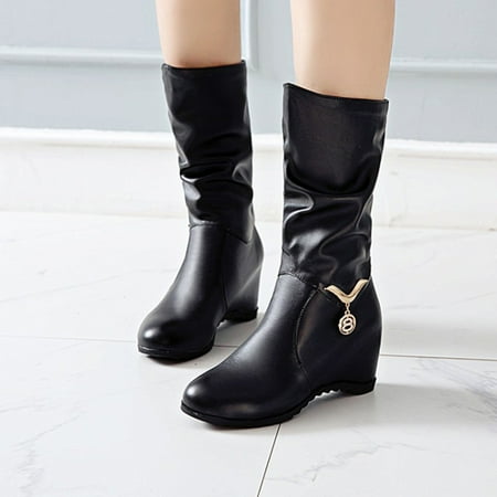 

MIASHUI Ladies Fashion Solid Color Leather Surface Metal Decoration Inner Medium Boots Women Sneakers Shoes Wedges Women Shoes Casual
