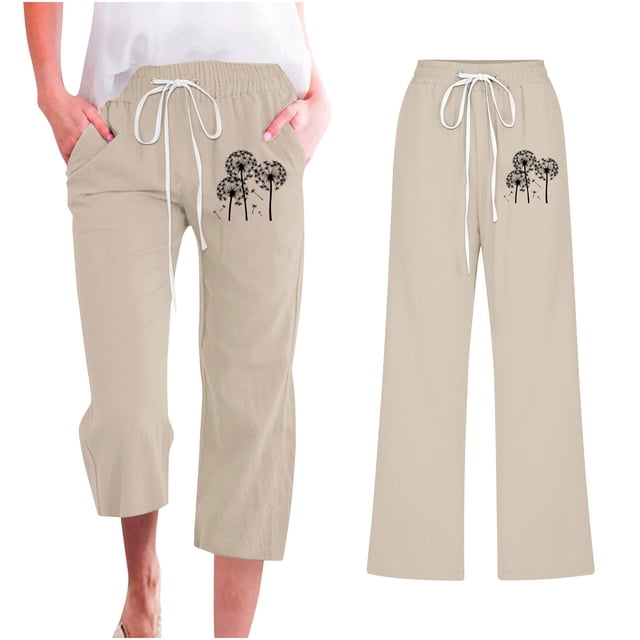 Jsaierl Linen Capris for Women Cotton Drawstring Elastic Waisted Straight Leg Capris Plus Size Casual Print Capris Pants Solid Capris