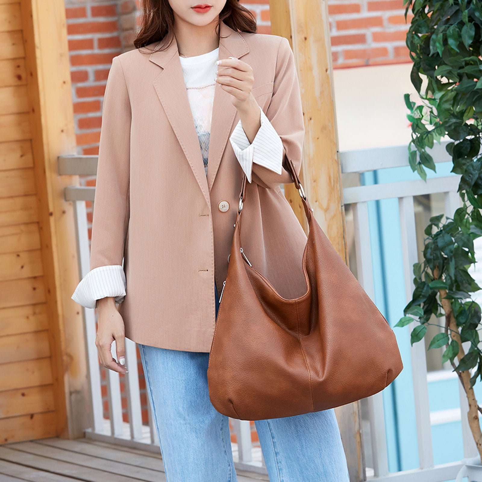 Stylago Slouchy Shoulder Bags Soft Leather Versatile Underarm Handbag Adjustable Button Strap Large Stylish Tote Purses Brown